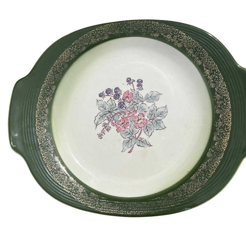 Vintage Green Gold Floral Oval Serving Platter Tray with Handles Berries Flowers